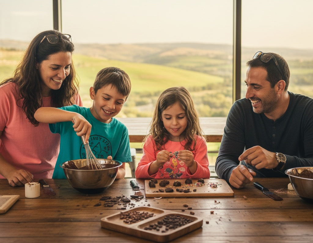 משפחה ישראלית מאושרת עם שני ילדים (בגילאי 6-10) נהנית מיום כיף באטרקציה בצפון ישראל.