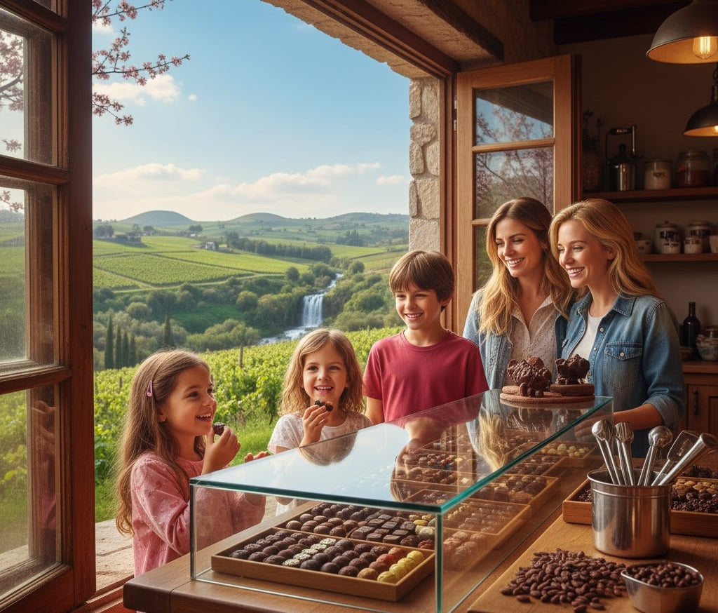 משפחה נהנית משביל ציורי ברמת הגולן, עם ילדים שטועמים שוקולדים בתוך בוטיק כפרי של דה קרינה, מוקף בגבעות ירוקות, כרמים ונחלים תחת אור שמש בהיר.