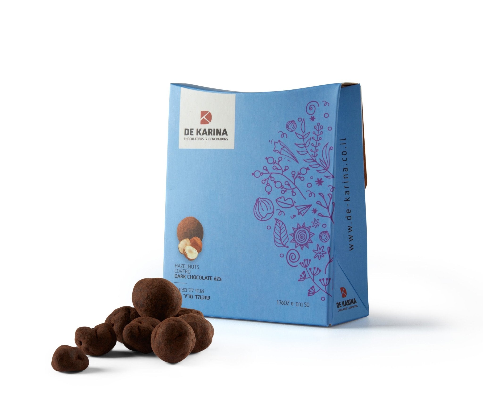 חפיסה של אגוזי לוז מצופים שוקולד מריר מבית שוקולד דה קרינה